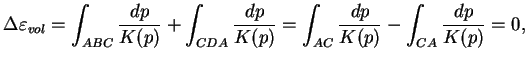 $\displaystyle \Delta \varepsilon_{vol} = \int_{ABC} \frac{dp}{K(p)} + \int_{CDA} \frac{dp}{K(p)} =
\int_{AC} \frac{dp}{K(p)} - \int_{CA} \frac{dp}{K(p)} =0 ,
$